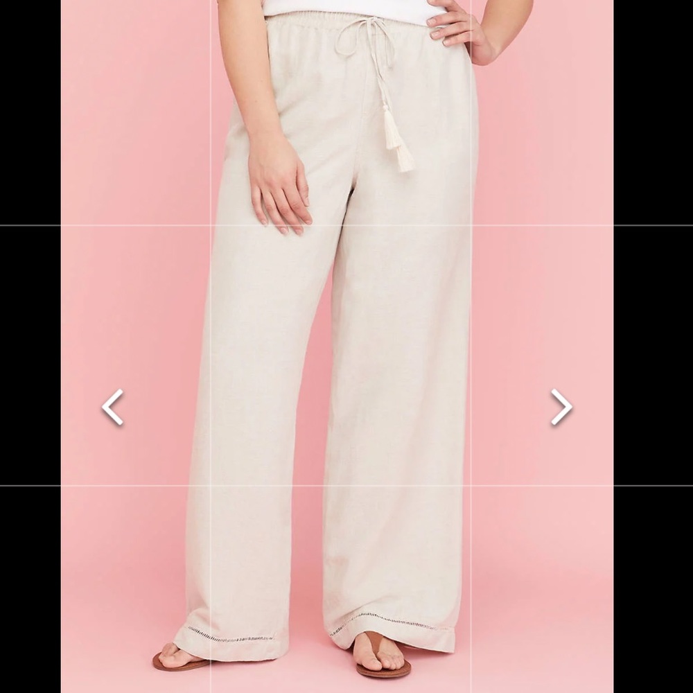 Lane Bryant wide leg linen blend pants beige elastic drawstring 26/28